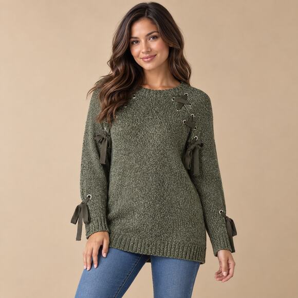 Audrey Parks Francesca’s Sweaters - Audrey Parks Francesca’s Galilea Olive Lace Up Ribbon Sweater M